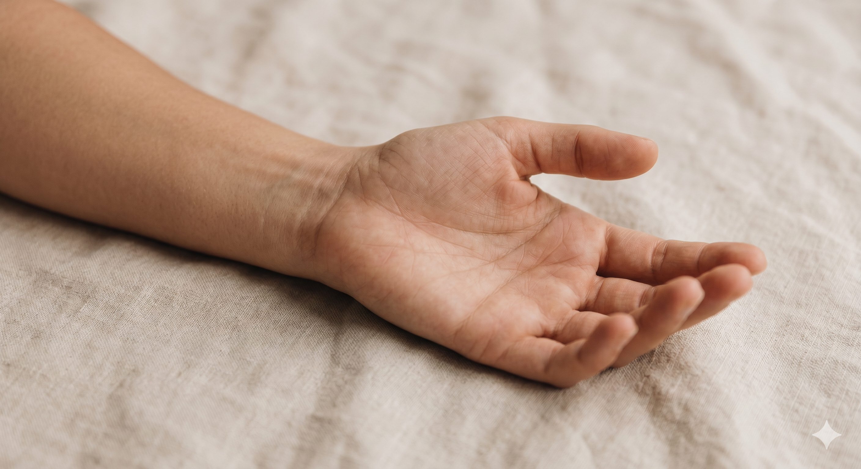 Hand acupressure points showing LI4 Hegu, HT7 Shenmen, and PC8 Laogong locations
